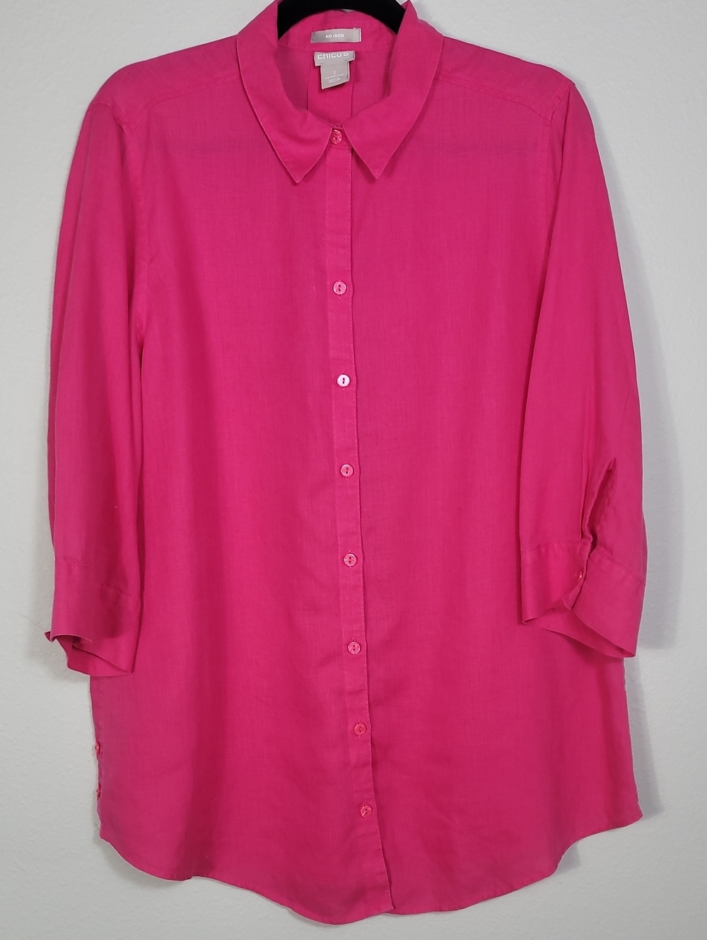 Chicos No Iron 100% Linen Button Up Shirt Size 2 Large Pink Coastal Grandma